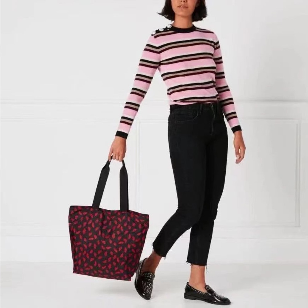 Lulu Guinness Black and Red Lip Print Tote